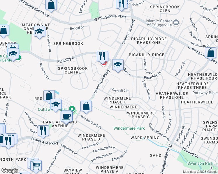 map of restaurants, bars, coffee shops, grocery stores, and more near 1214 Disraeli Circle in Pflugerville