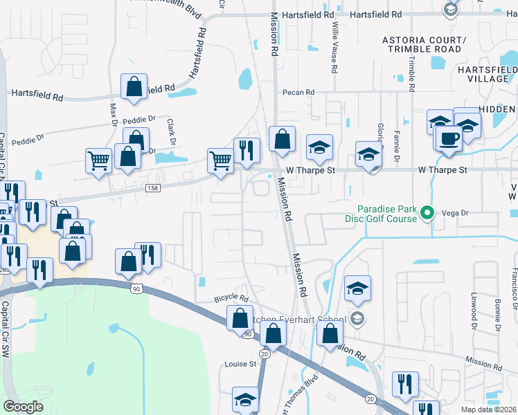 map of restaurants, bars, coffee shops, grocery stores, and more near 1550 Devoe Street in Tallahassee