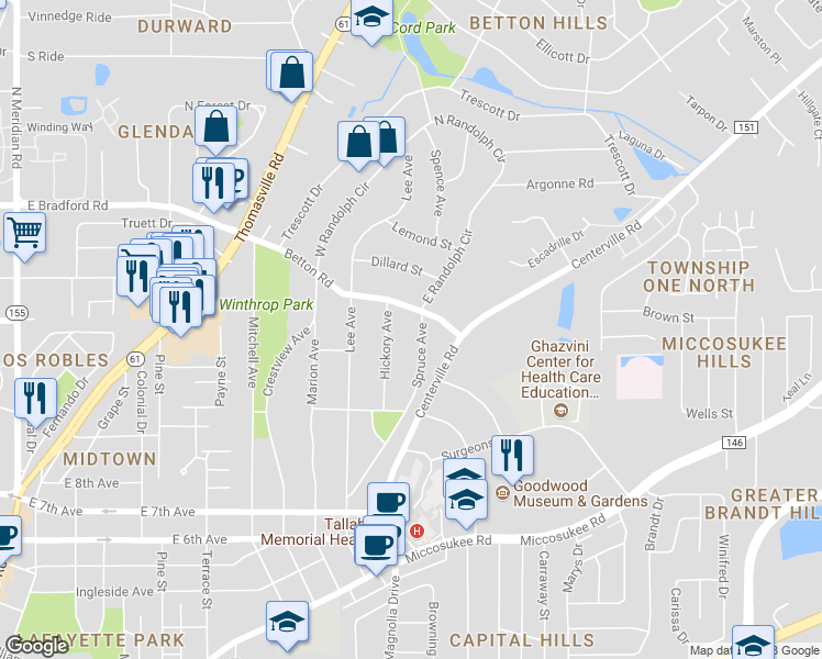 map of restaurants, bars, coffee shops, grocery stores, and more near 1576 Spruce Avenue in Tallahassee