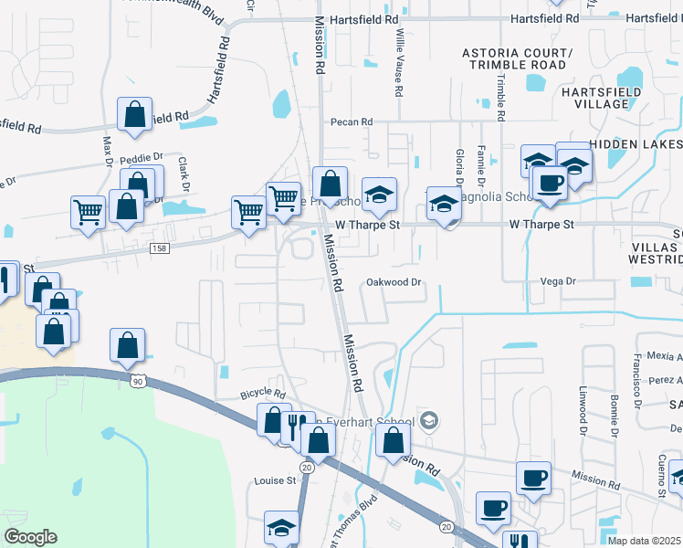 map of restaurants, bars, coffee shops, grocery stores, and more near 2925 Mission Road in Tallahassee
