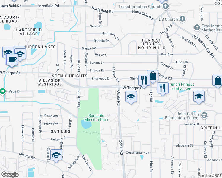 map of restaurants, bars, coffee shops, grocery stores, and more near 411 Westwood Drive in Tallahassee