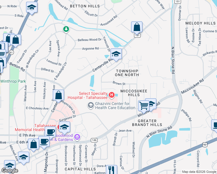 map of restaurants, bars, coffee shops, grocery stores, and more near 1448 Goodwood Court in Tallahassee