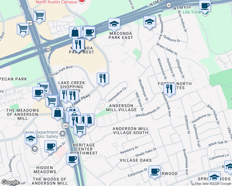 map of restaurants, bars, coffee shops, grocery stores, and more near 13513 Hymeadow Circle in Austin