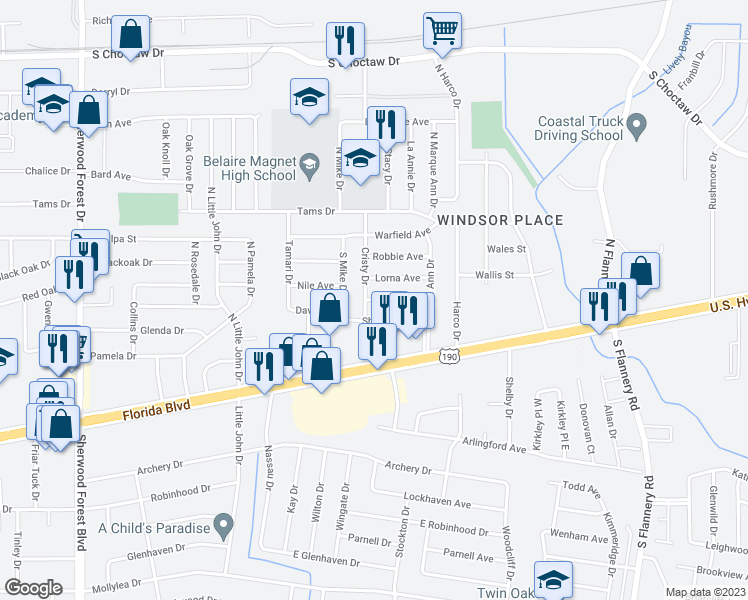 map of restaurants, bars, coffee shops, grocery stores, and more near 12343 Cate Avenue in Baton Rouge