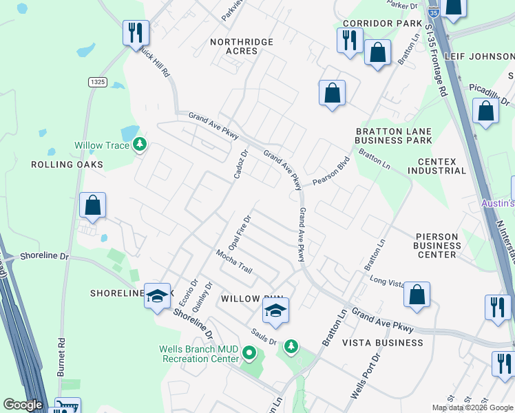 map of restaurants, bars, coffee shops, grocery stores, and more near 3620 Roller Crossing in Austin
