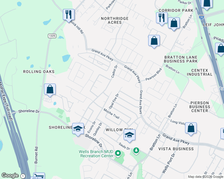 map of restaurants, bars, coffee shops, grocery stores, and more near 15720 Ecorio Drive in Austin