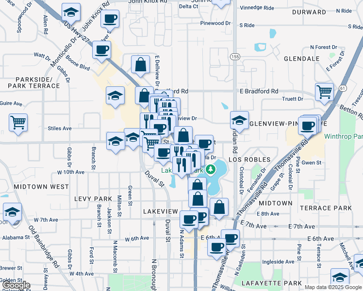 map of restaurants, bars, coffee shops, grocery stores, and more near 1745 North Monroe Street in Tallahassee