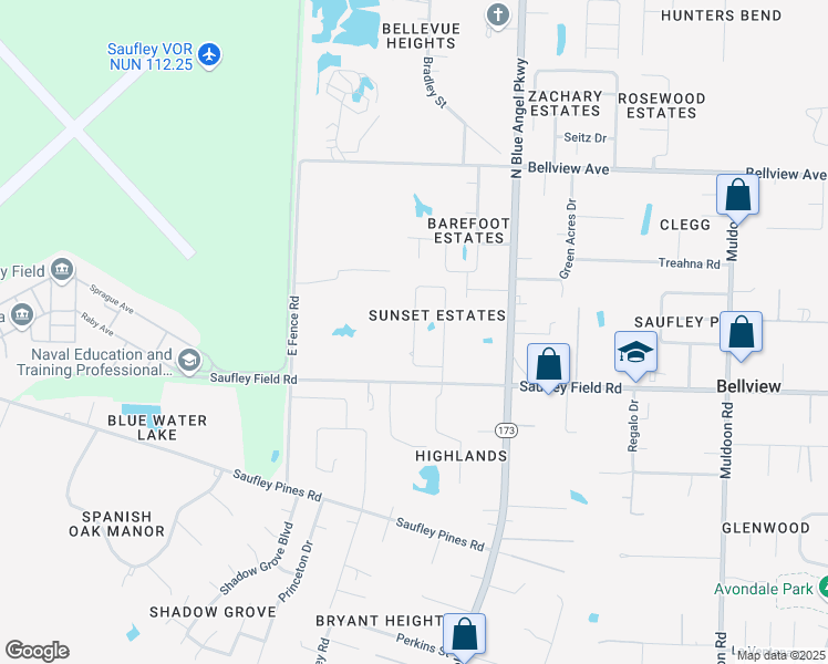 map of restaurants, bars, coffee shops, grocery stores, and more near 6183 Suntan Circle in Pensacola