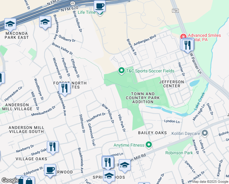 map of restaurants, bars, coffee shops, grocery stores, and more near 13323 Villa Park Drive in Austin