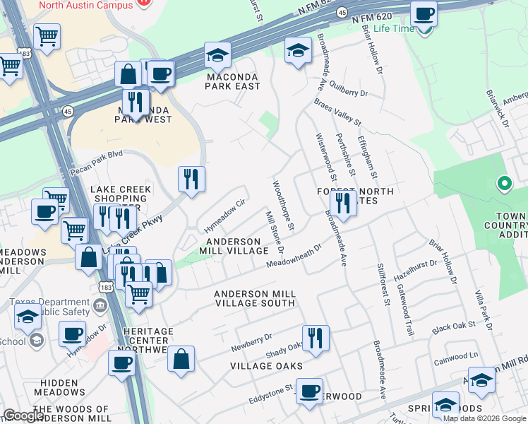 map of restaurants, bars, coffee shops, grocery stores, and more near 13135 Mill Stone Drive in Austin