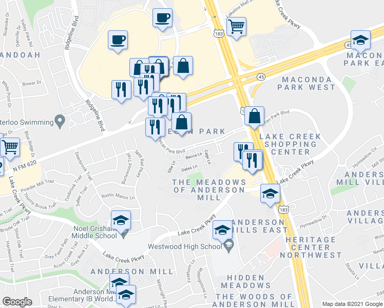 map of restaurants, bars, coffee shops, grocery stores, and more near 12808 Cayman Lane in Austin