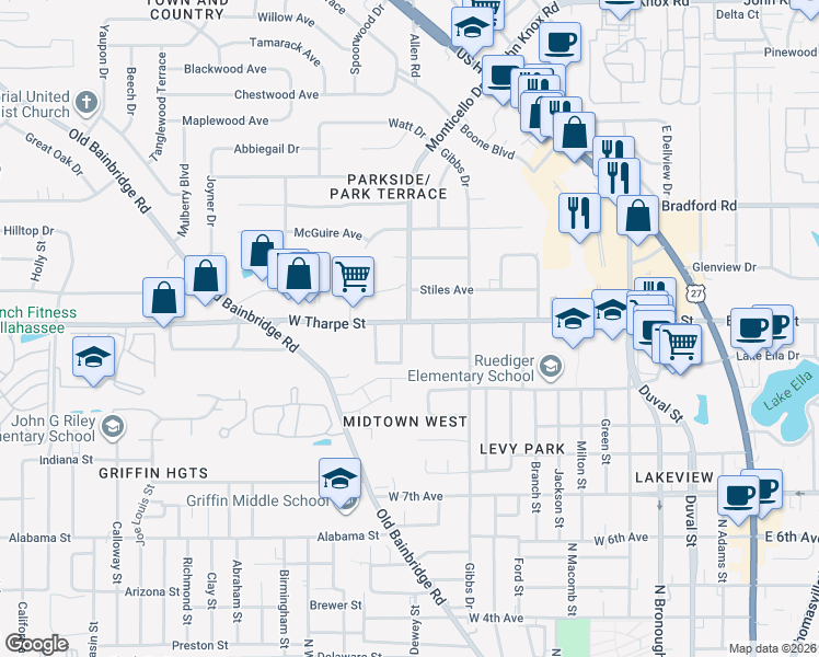 map of restaurants, bars, coffee shops, grocery stores, and more near 1715 Hall Drive in Tallahassee