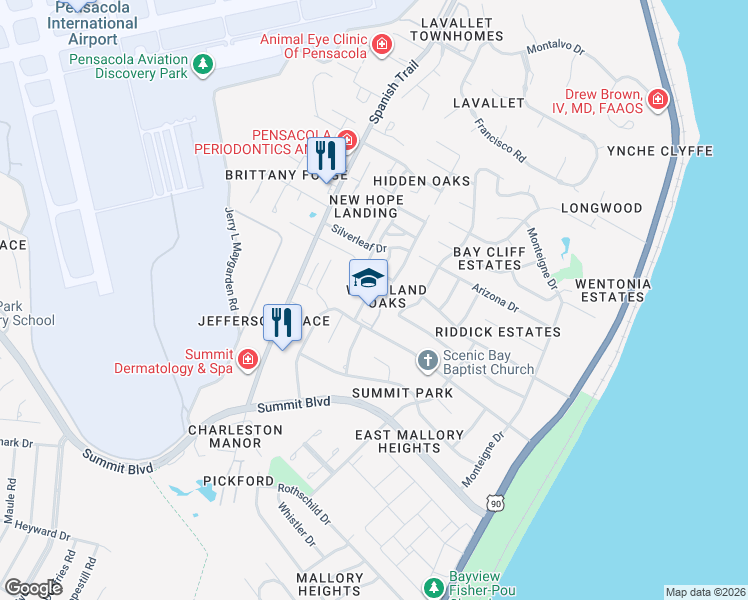 map of restaurants, bars, coffee shops, grocery stores, and more near 3502 Parkwood Lane in Pensacola