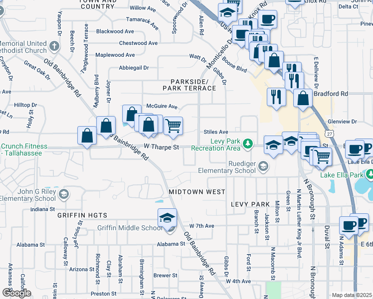 map of restaurants, bars, coffee shops, grocery stores, and more near 1715 Cordell Drive in Tallahassee