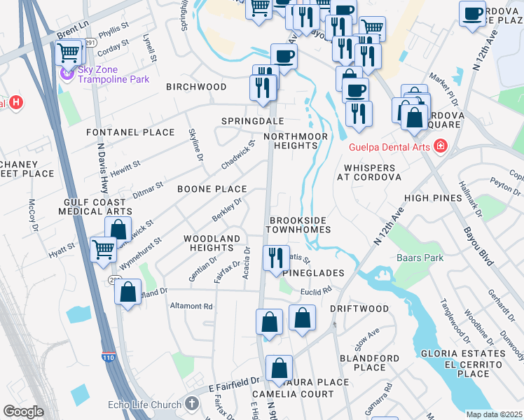 map of restaurants, bars, coffee shops, grocery stores, and more near 4479 North 9th Avenue in Pensacola