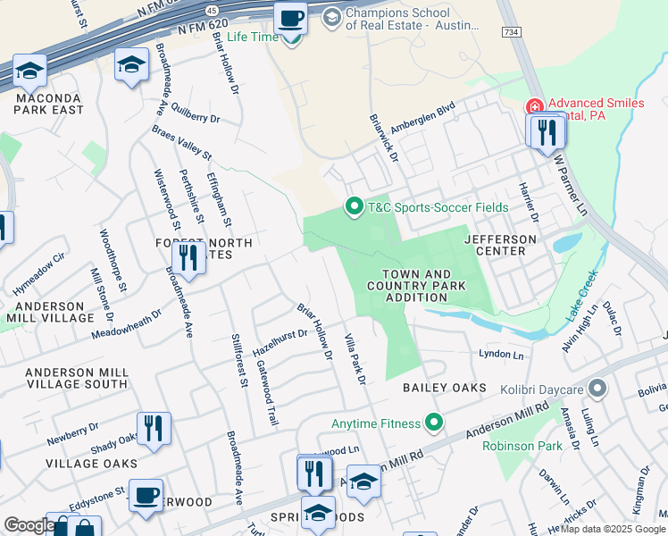 map of restaurants, bars, coffee shops, grocery stores, and more near 13323 Villa Park Drive in Austin