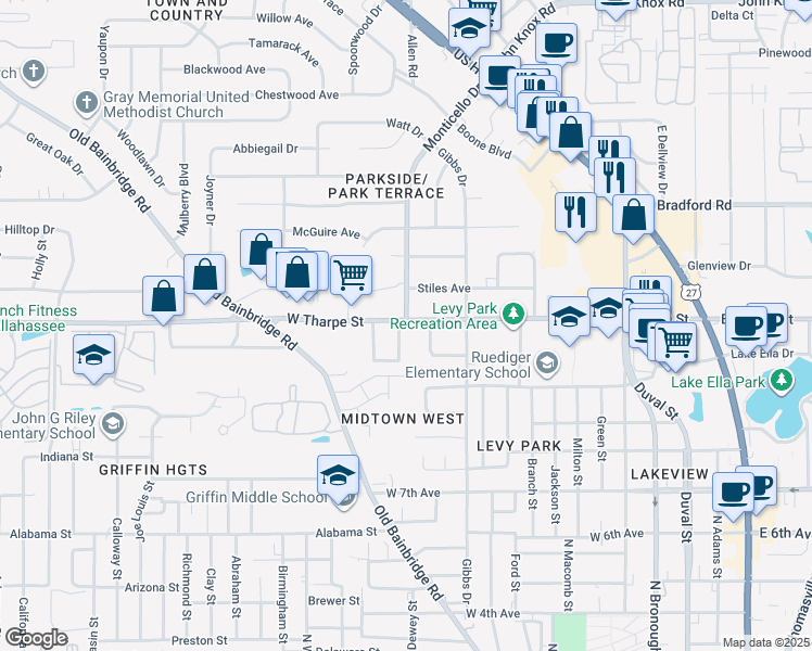 map of restaurants, bars, coffee shops, grocery stores, and more near 1715 Hall Drive in Tallahassee