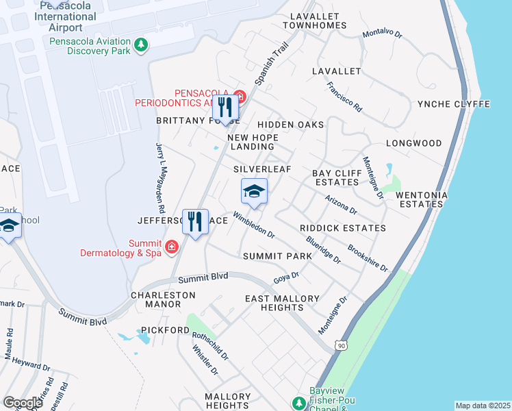 map of restaurants, bars, coffee shops, grocery stores, and more near 3500 Parkwood Lane in Pensacola