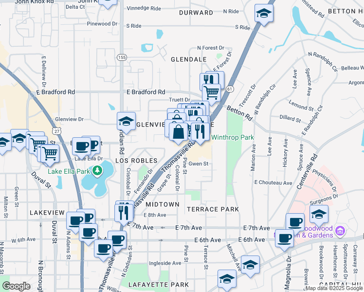 map of restaurants, bars, coffee shops, grocery stores, and more near 1802 Thomasville Road in Tallahassee