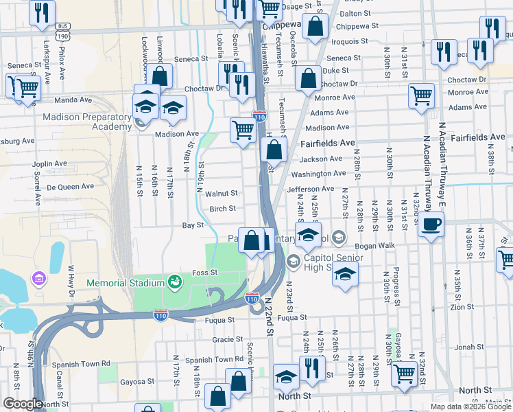 map of restaurants, bars, coffee shops, grocery stores, and more near 1725 Pocahontas Street in Baton Rouge
