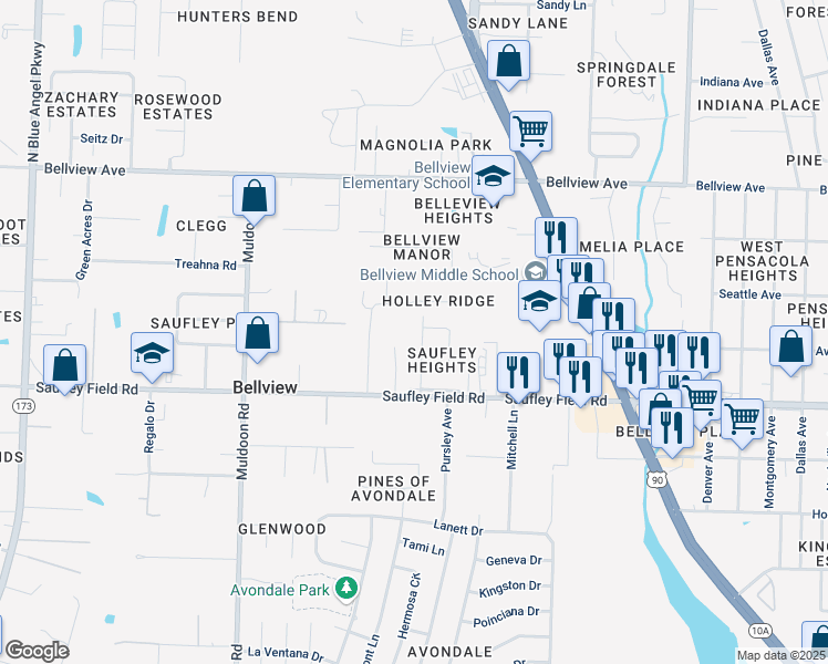 map of restaurants, bars, coffee shops, grocery stores, and more near 17 Parda Boulevard in Pensacola