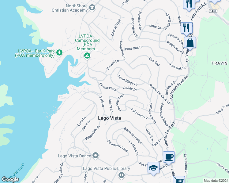 map of restaurants, bars, coffee shops, grocery stores, and more near 21001 Buena Vista in Lago Vista