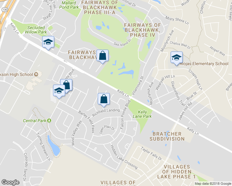 map of restaurants, bars, coffee shops, grocery stores, and more near 2917 Kerbey Heights Court in Pflugerville