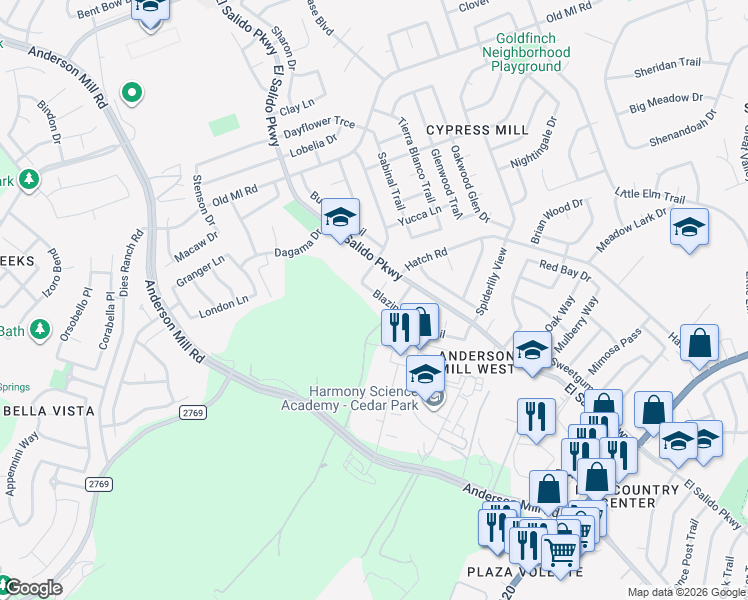 map of restaurants, bars, coffee shops, grocery stores, and more near 3009 Blazing Star Trail in Cedar Park