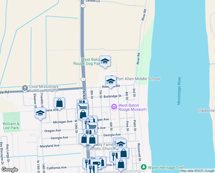 map of restaurants, bars, coffee shops, grocery stores, and more near 610 Rosedale Road in Port Allen