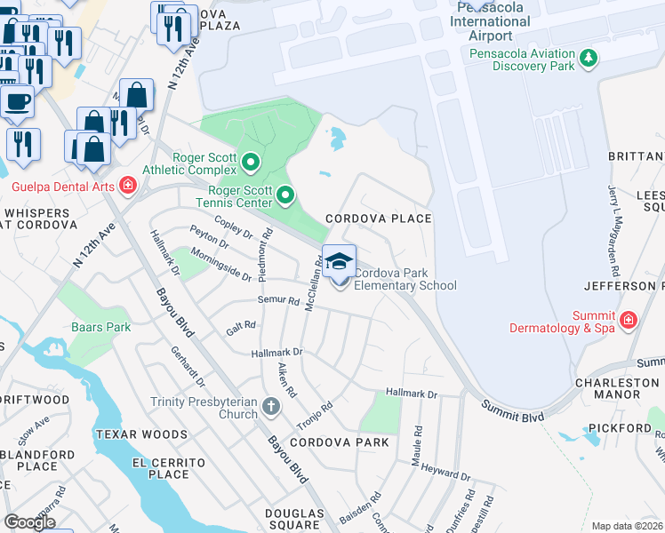 map of restaurants, bars, coffee shops, grocery stores, and more near 2315 Summit Boulevard in Pensacola
