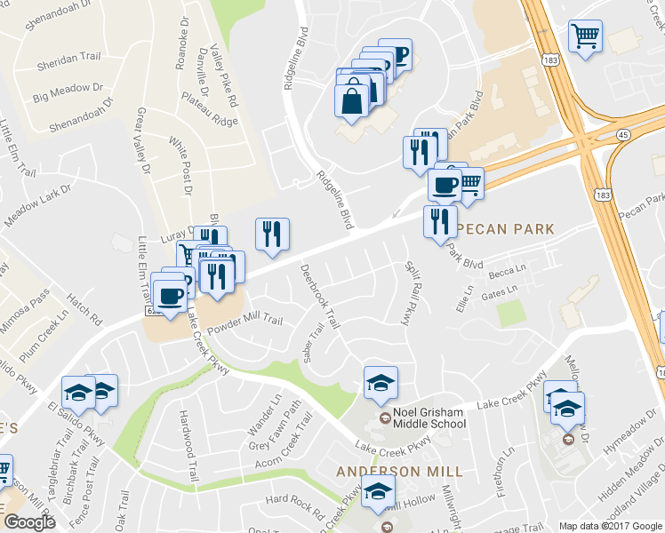 map of restaurants, bars, coffee shops, grocery stores, and more near 12401 Rusted Nail Cove in Austin