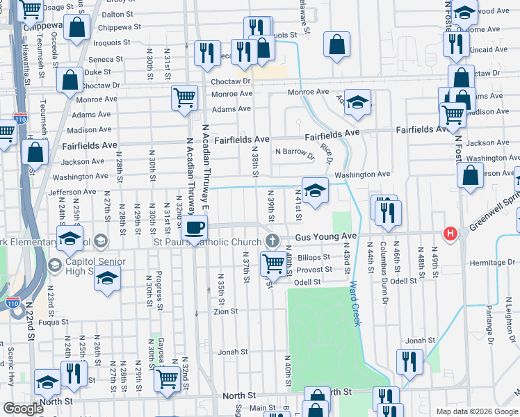 map of restaurants, bars, coffee shops, grocery stores, and more near 1686 North 38th Street in Baton Rouge