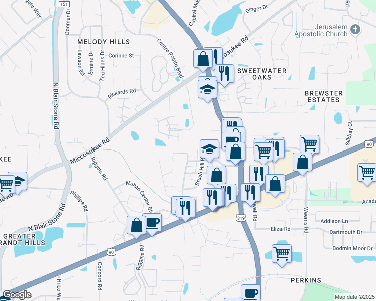map of restaurants, bars, coffee shops, grocery stores, and more near 1701 Cottage Rose Lane in Tallahassee