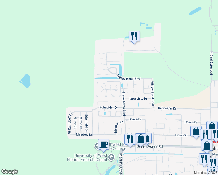 map of restaurants, bars, coffee shops, grocery stores, and more near 1824 Hunters Path in Fort Walton Beach
