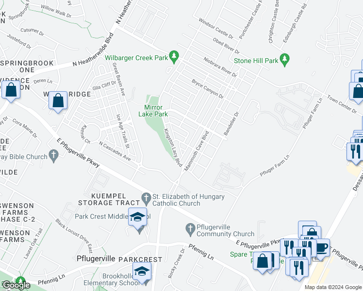 map of restaurants, bars, coffee shops, grocery stores, and more near 917 Black Canyon St in Pflugerville