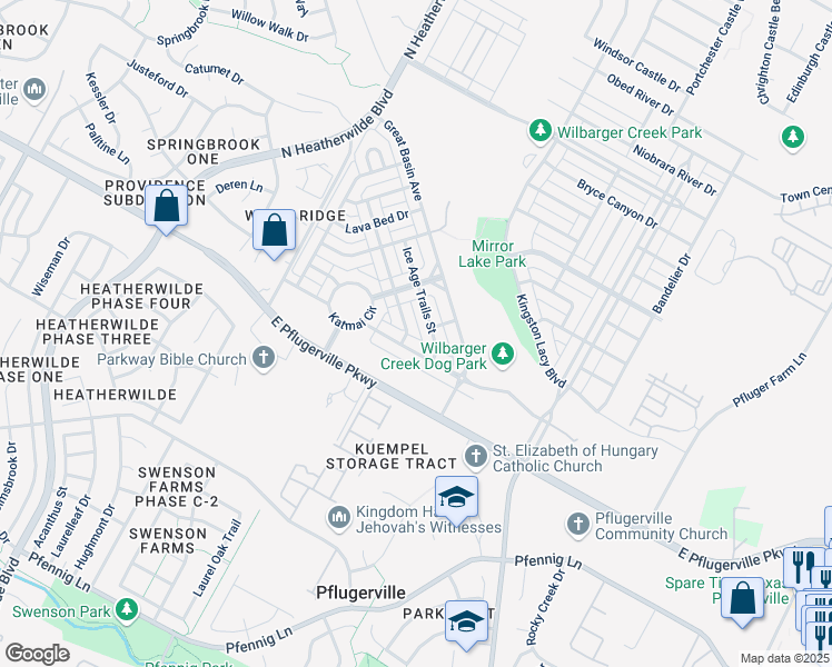 map of restaurants, bars, coffee shops, grocery stores, and more near 17805 Kenai Fjords Drive in Pflugerville