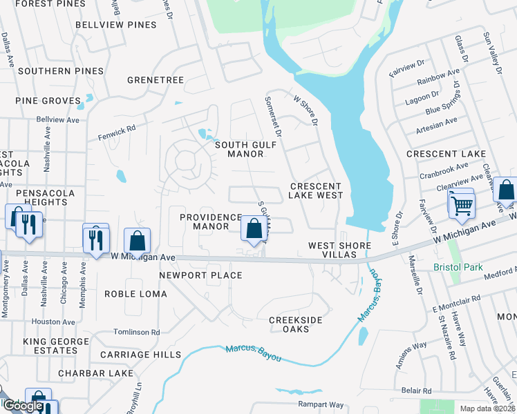map of restaurants, bars, coffee shops, grocery stores, and more near 5933 South Gulf Manor in Pensacola