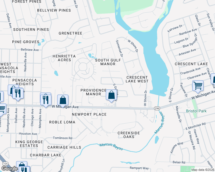 map of restaurants, bars, coffee shops, grocery stores, and more near 2467 Cavalla Loop in Pensacola
