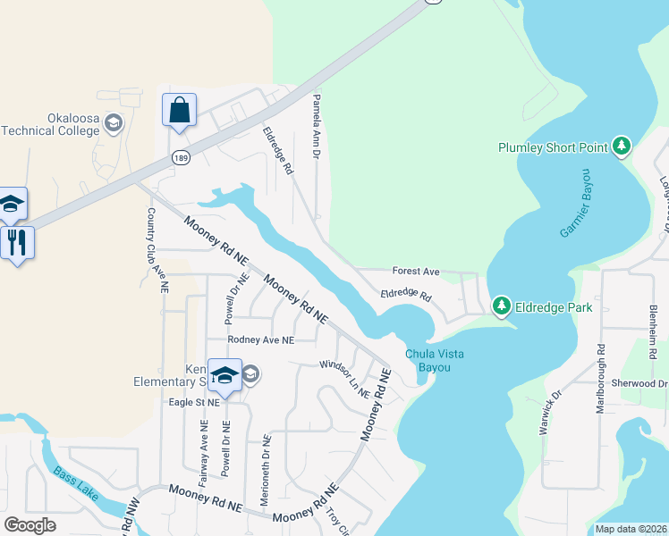 map of restaurants, bars, coffee shops, grocery stores, and more near 151 Eldredge Road in Fort Walton Beach