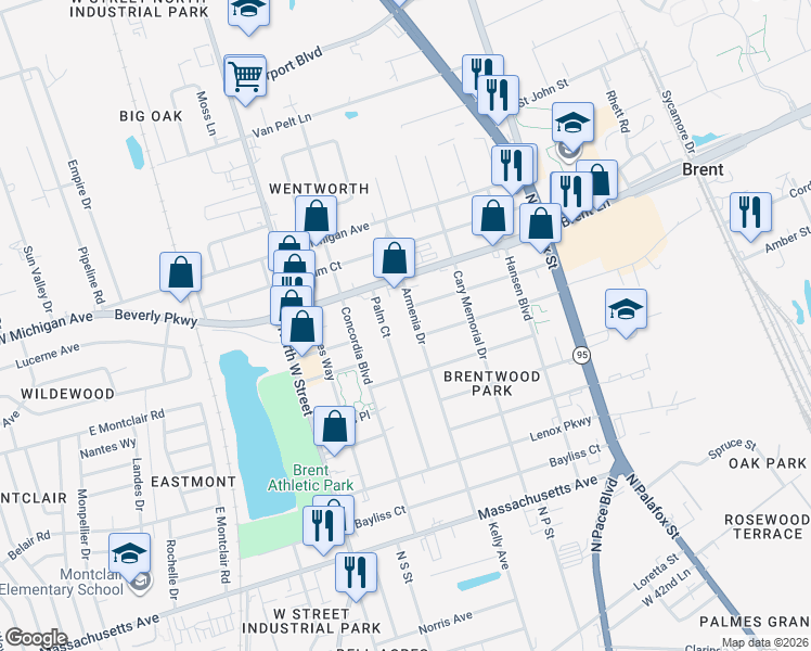 map of restaurants, bars, coffee shops, grocery stores, and more near 609 Armenia Drive in Pensacola