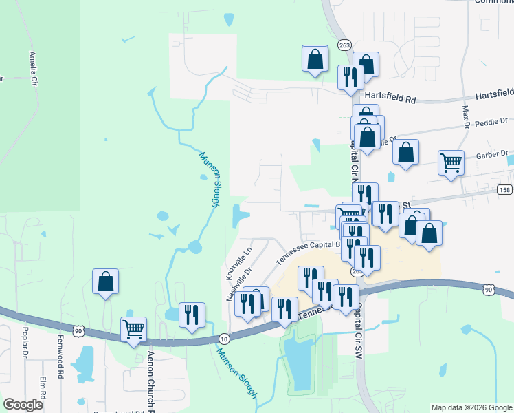 map of restaurants, bars, coffee shops, grocery stores, and more near 5335 Falling Star Road in Tallahassee
