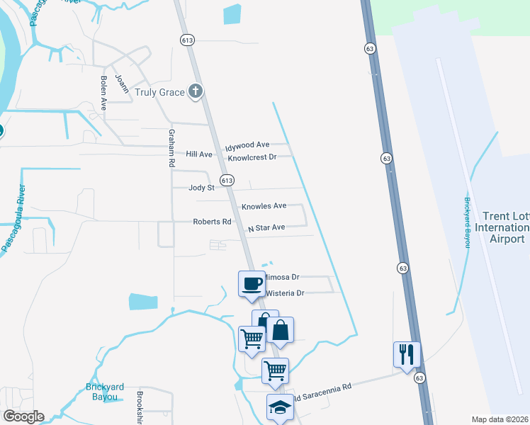 map of restaurants, bars, coffee shops, grocery stores, and more near 4216 Knowles Avenue in Moss Point
