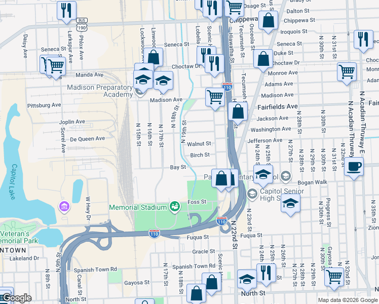map of restaurants, bars, coffee shops, grocery stores, and more near 1855 Birch St in Baton Rouge