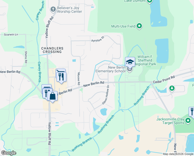 map of restaurants, bars, coffee shops, grocery stores, and more near 12520 Brahma Bull Circle North in Jacksonville