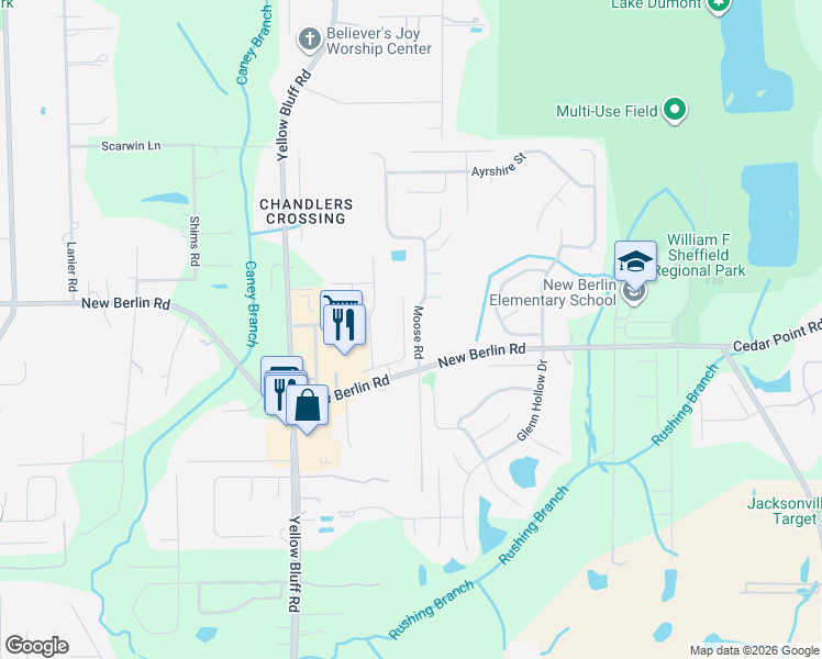 map of restaurants, bars, coffee shops, grocery stores, and more near 12489 Sugarberry Way in Jacksonville