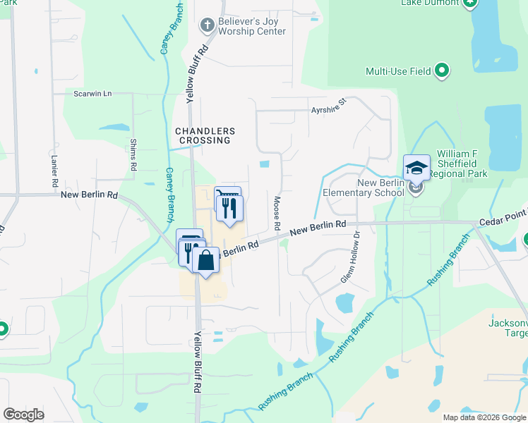 map of restaurants, bars, coffee shops, grocery stores, and more near 12489 Sugarberry Way in Jacksonville