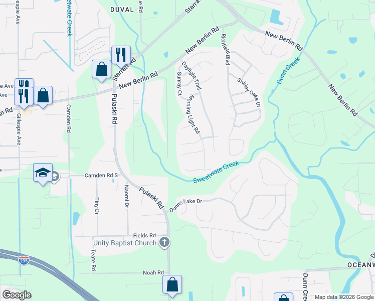 map of restaurants, bars, coffee shops, grocery stores, and more near 1119 Autumn Point Court in Jacksonville