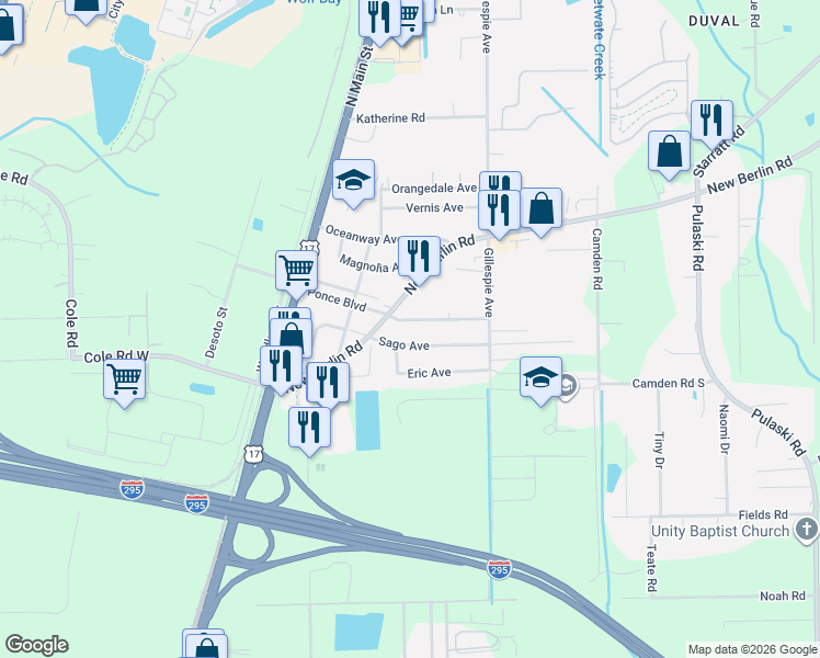 map of restaurants, bars, coffee shops, grocery stores, and more near 374 Ponce Boulevard in Jacksonville