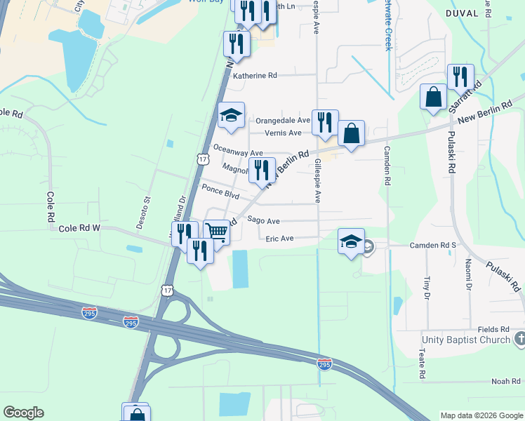 map of restaurants, bars, coffee shops, grocery stores, and more near 304 Ponce Boulevard in Jacksonville