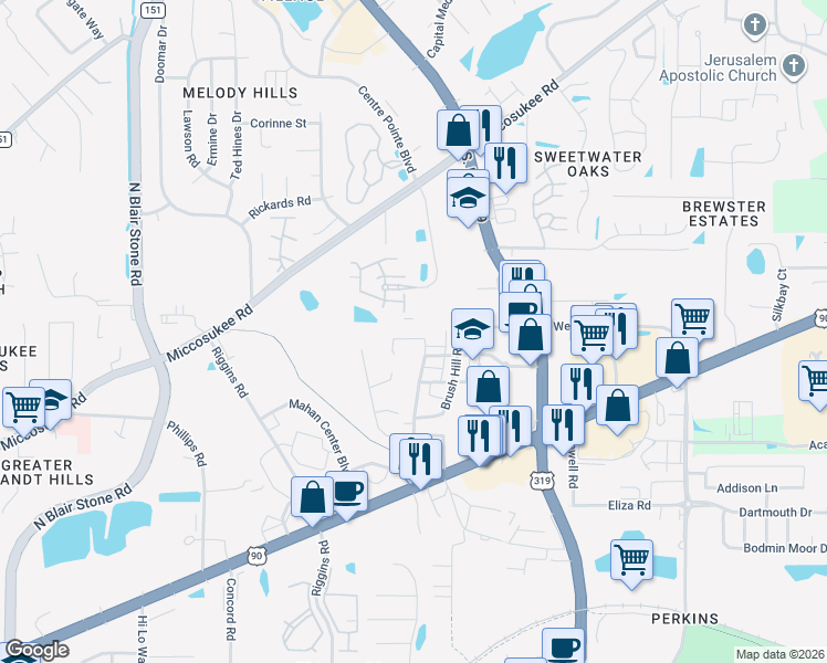 map of restaurants, bars, coffee shops, grocery stores, and more near 1701 Cottage Rose Lane in Tallahassee